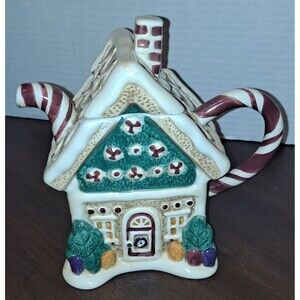 Christmas Gingerbread House Ceramic Teapot Candy cane Handle & Spout Debbie Mumm